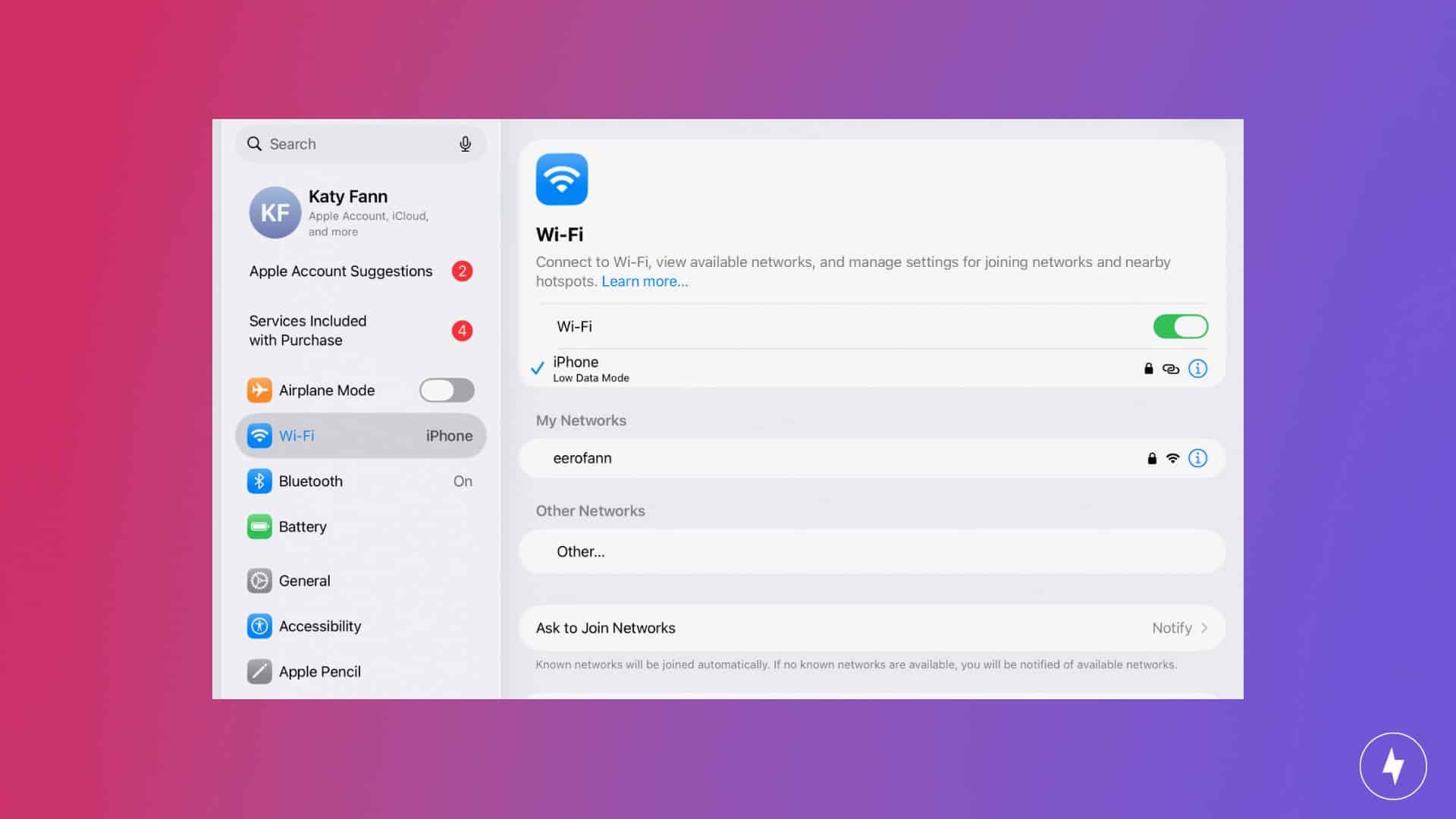 A screenshot of an iPad's Wi-Fi settings connected to a personal hotspot. 