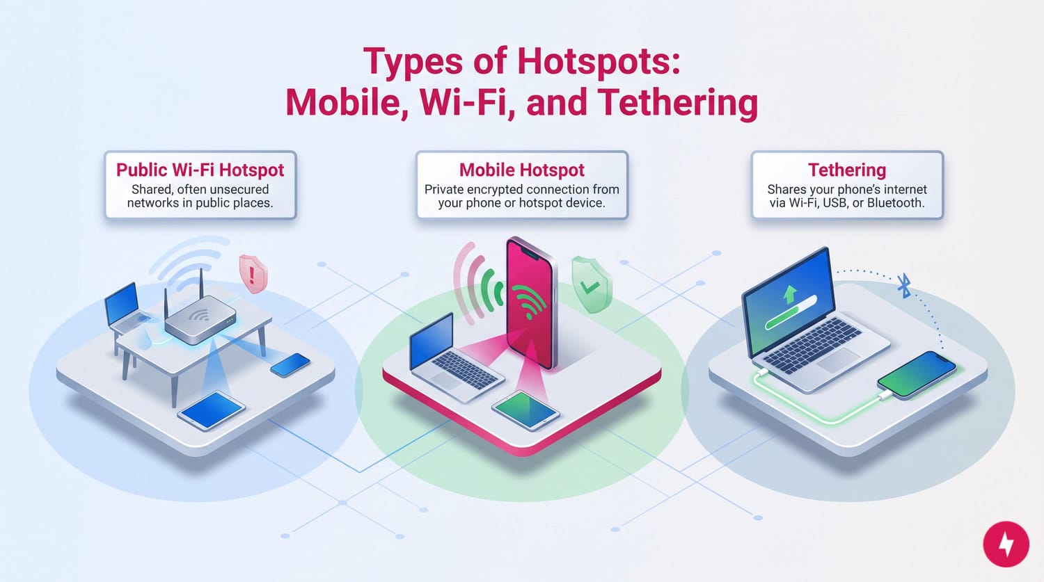 Diagram comparing public Wi-Fi, mobile hotspots, and tethering options.