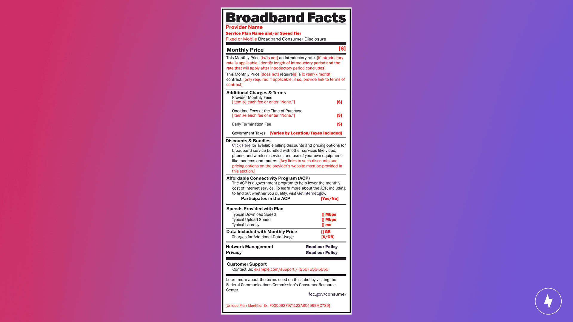 Example of the FCC’s broadband consumer labels