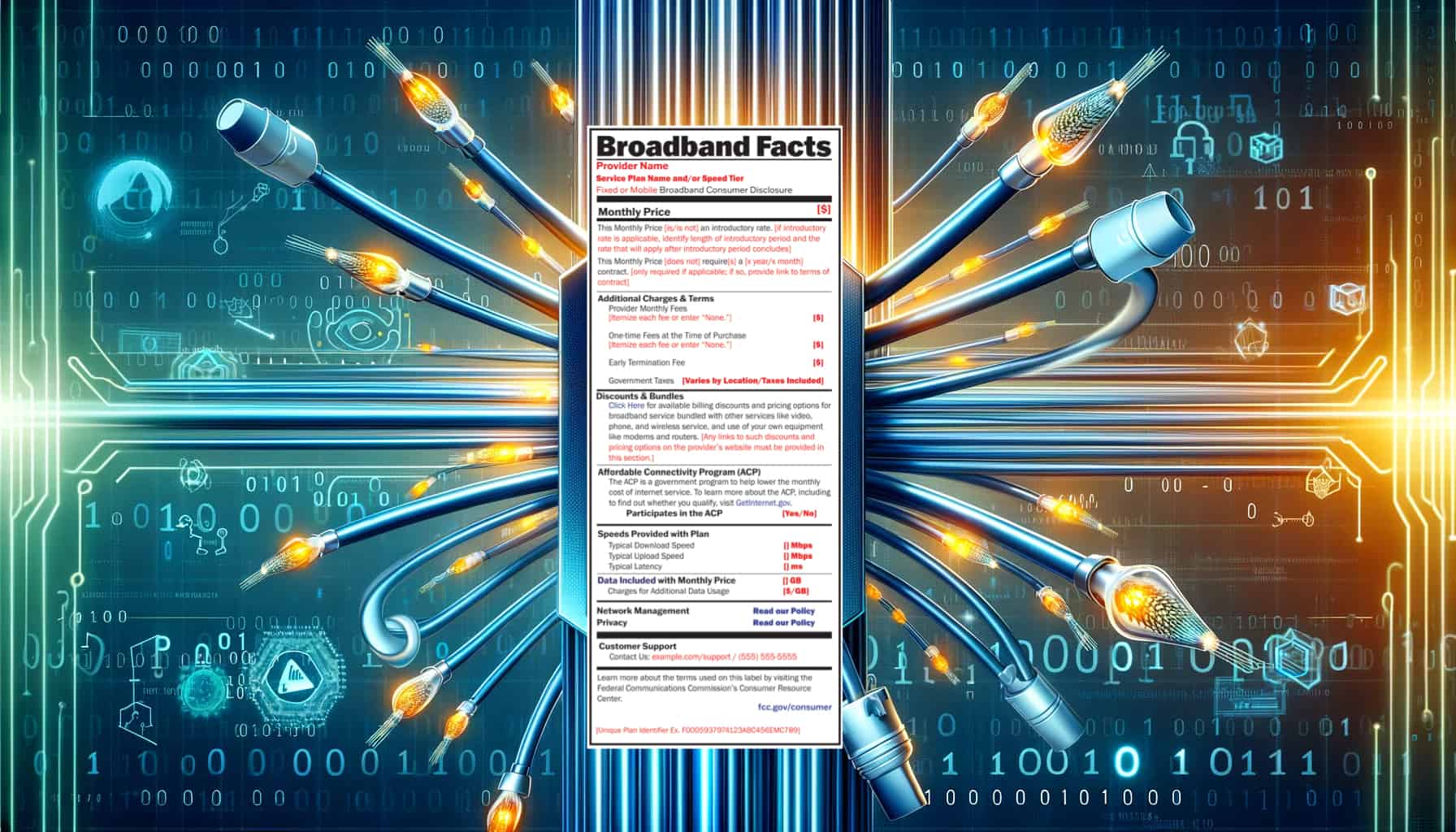An image of the broadband consumer labels overlaid on an internet-themed background. 