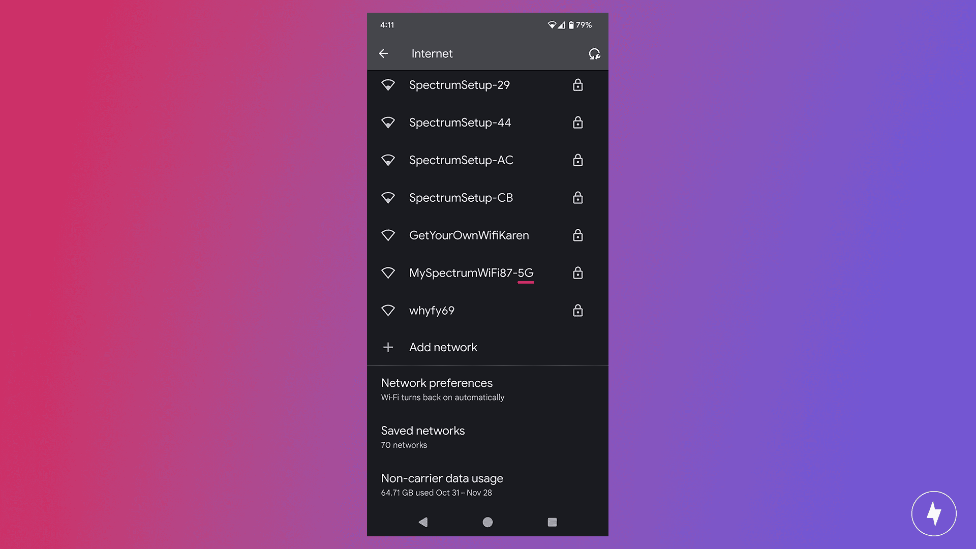 Screenshot of internet Wi-Fi settings on Android for selecting a 5 GHz network