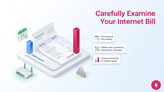 An infographic showing how hidden fees and expiring rates increase a monthly internet bill.