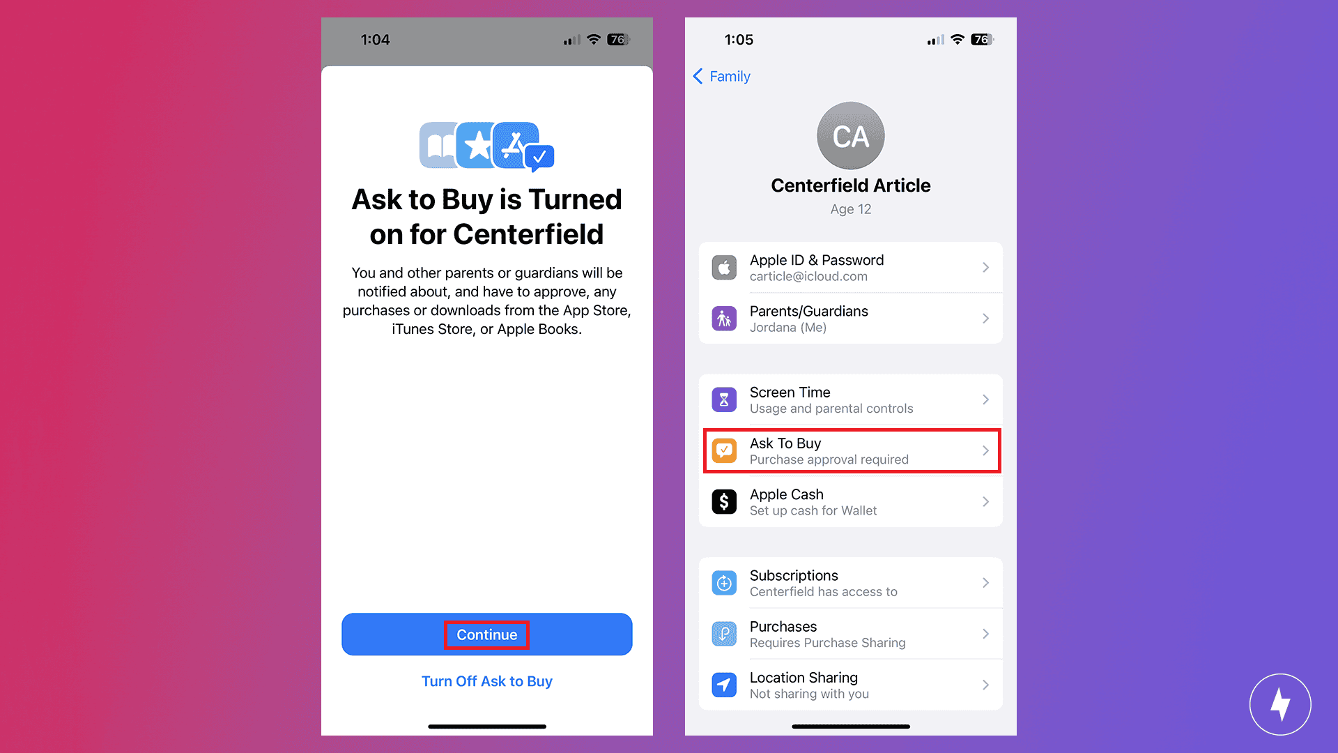 Screenshots of setting up Apple Ask to Buy access
