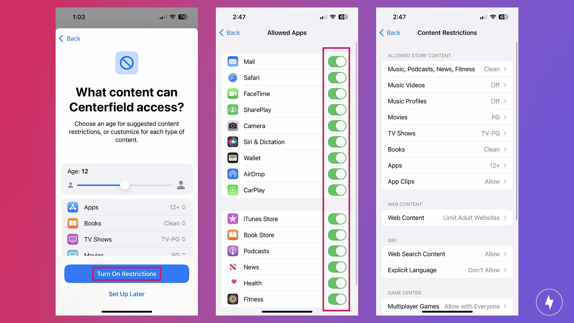 Screenshots of setting Apple Content and Privacy Restrictions