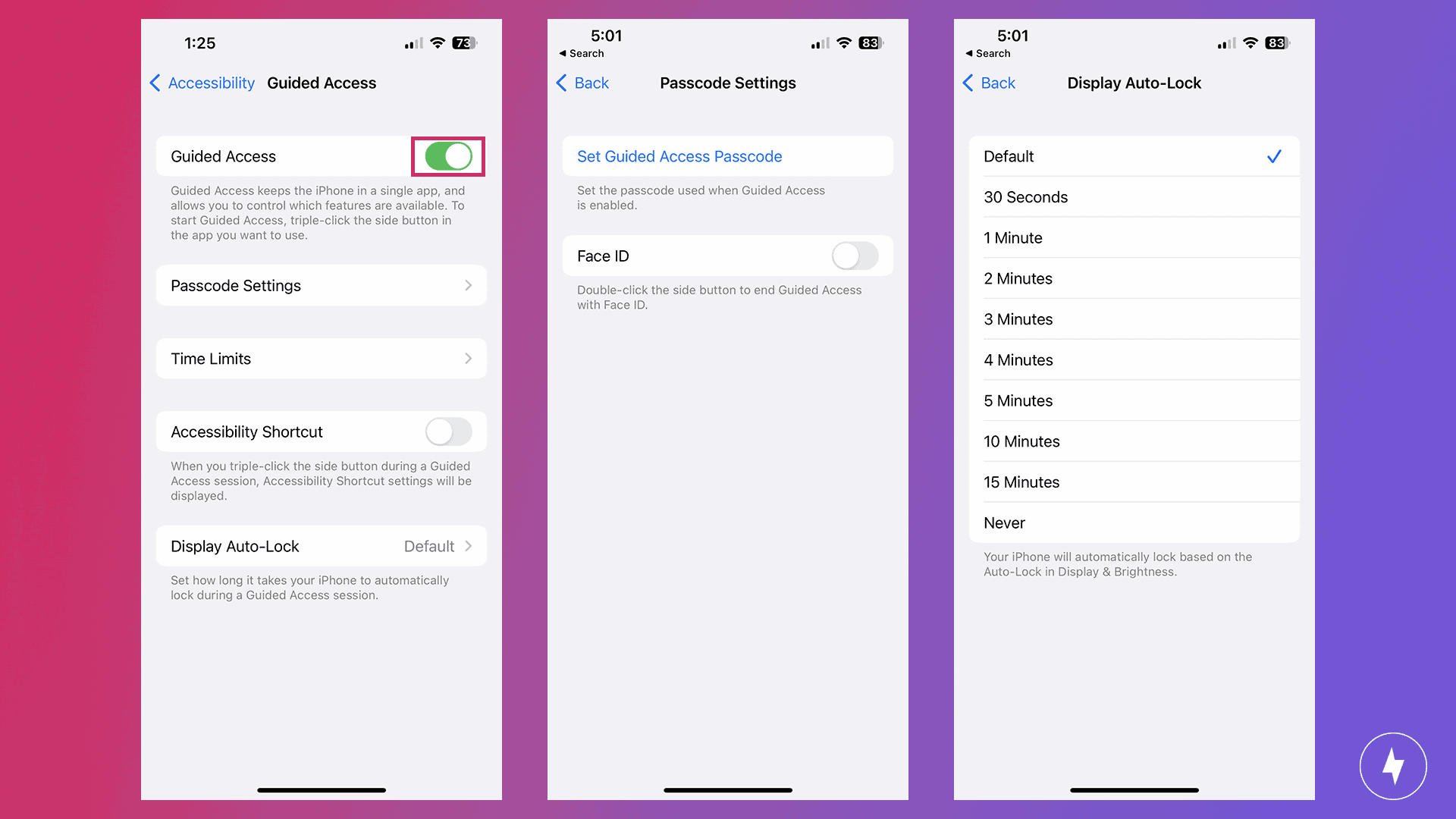 Screenshots of setting up Guided Access for an Apple account