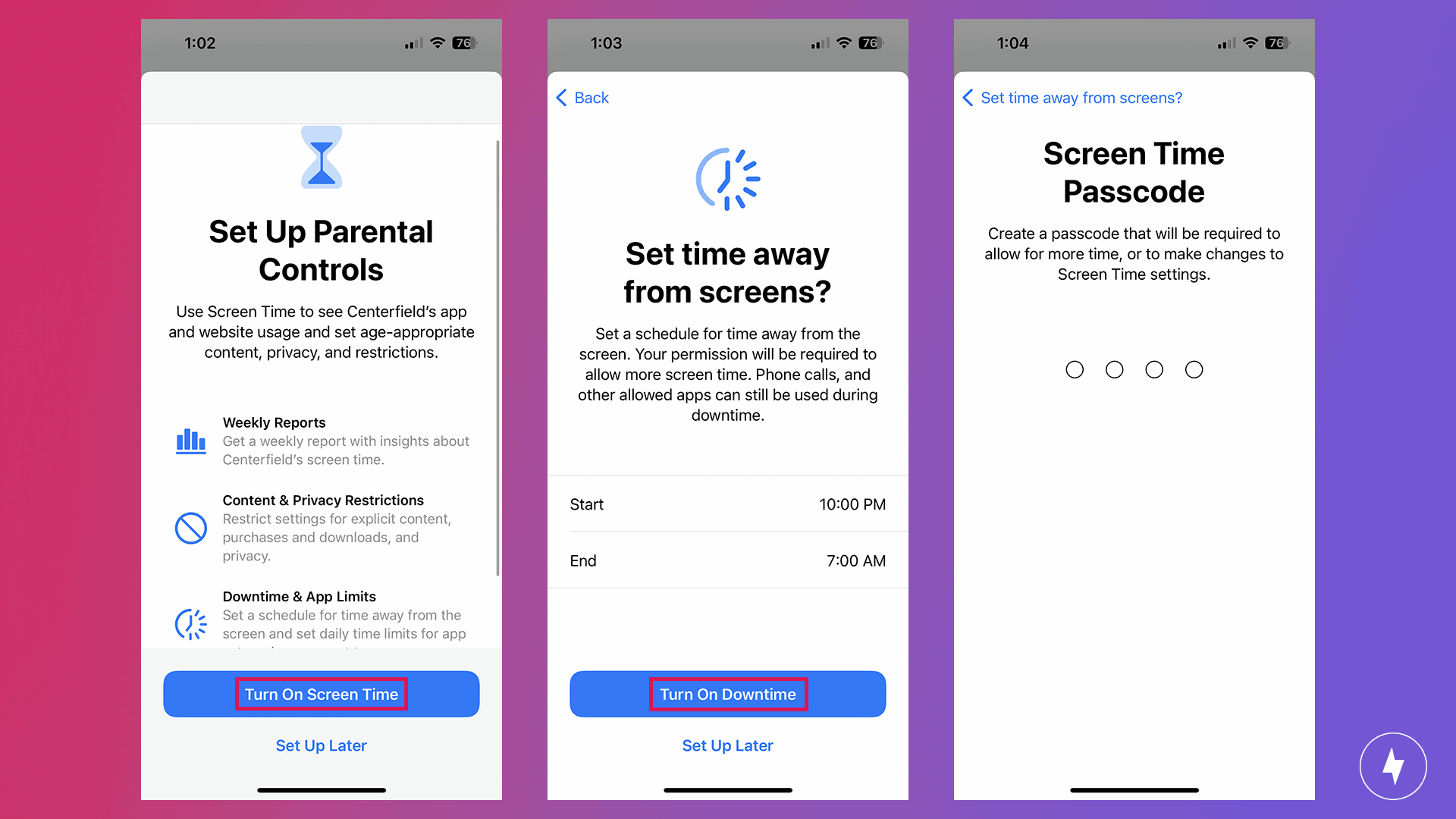 Screenshots of setting up Apple Screen Time restrictions