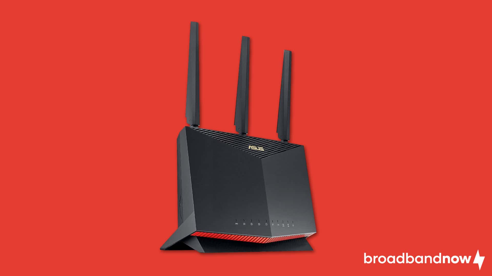 Image of an Asus RT-AX82U Wi-Fi router on a red background