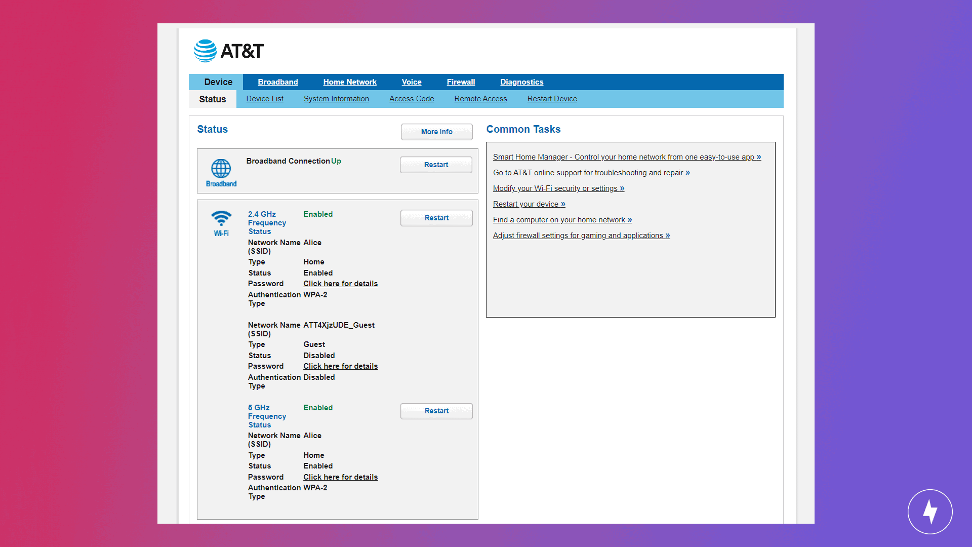 Screenshot showing the AT&T router login menu