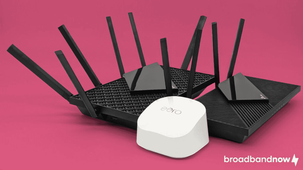 Photo of TP-Link AXE75, Amazon eero 6+, and TP-Link AX55 Wi-Fi routers side by side on a pink background