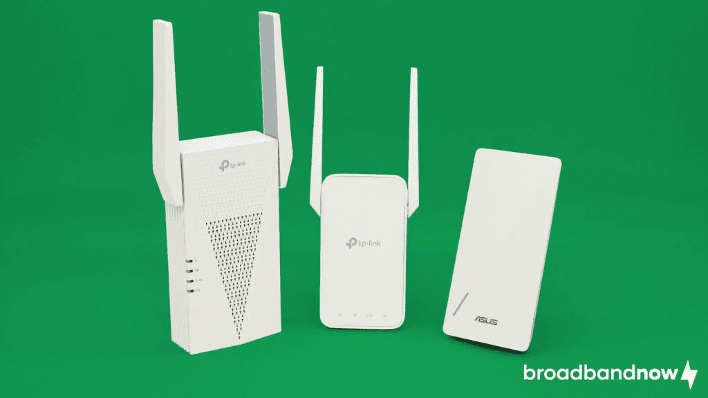 Photo of the TP-Link RE715X, Asus RP-AX58, and TP-Link RE315 Wi-Fi extenders side by side on a green background