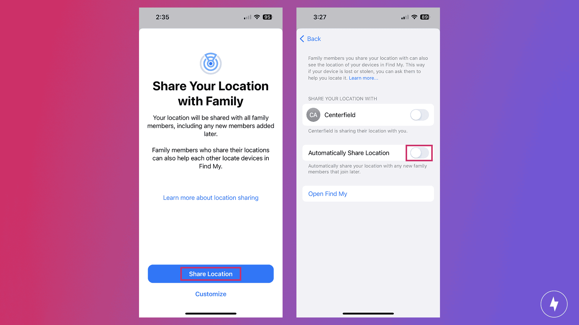 Screenshots of setting up Apple location sharing