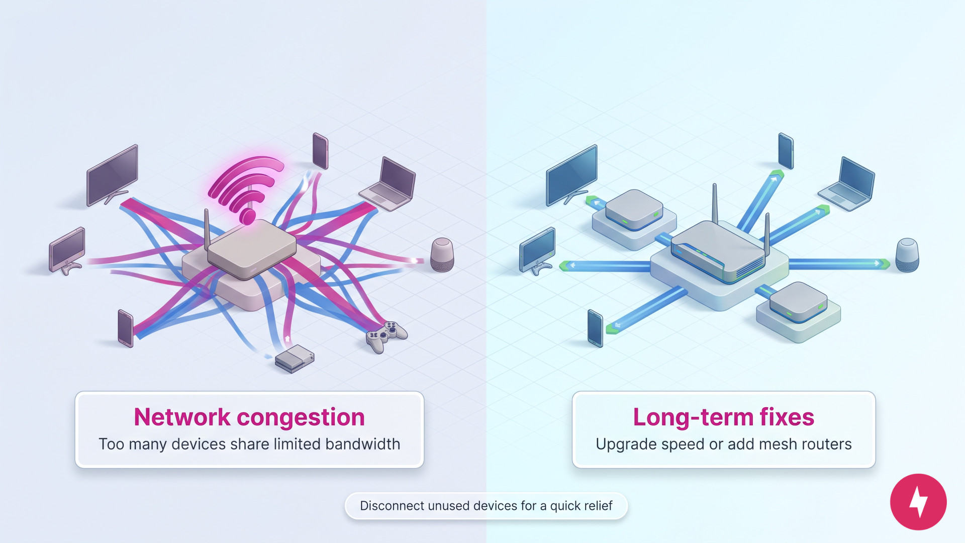Comparison of a congested Wi-Fi network versus an optimized network using mesh routers.