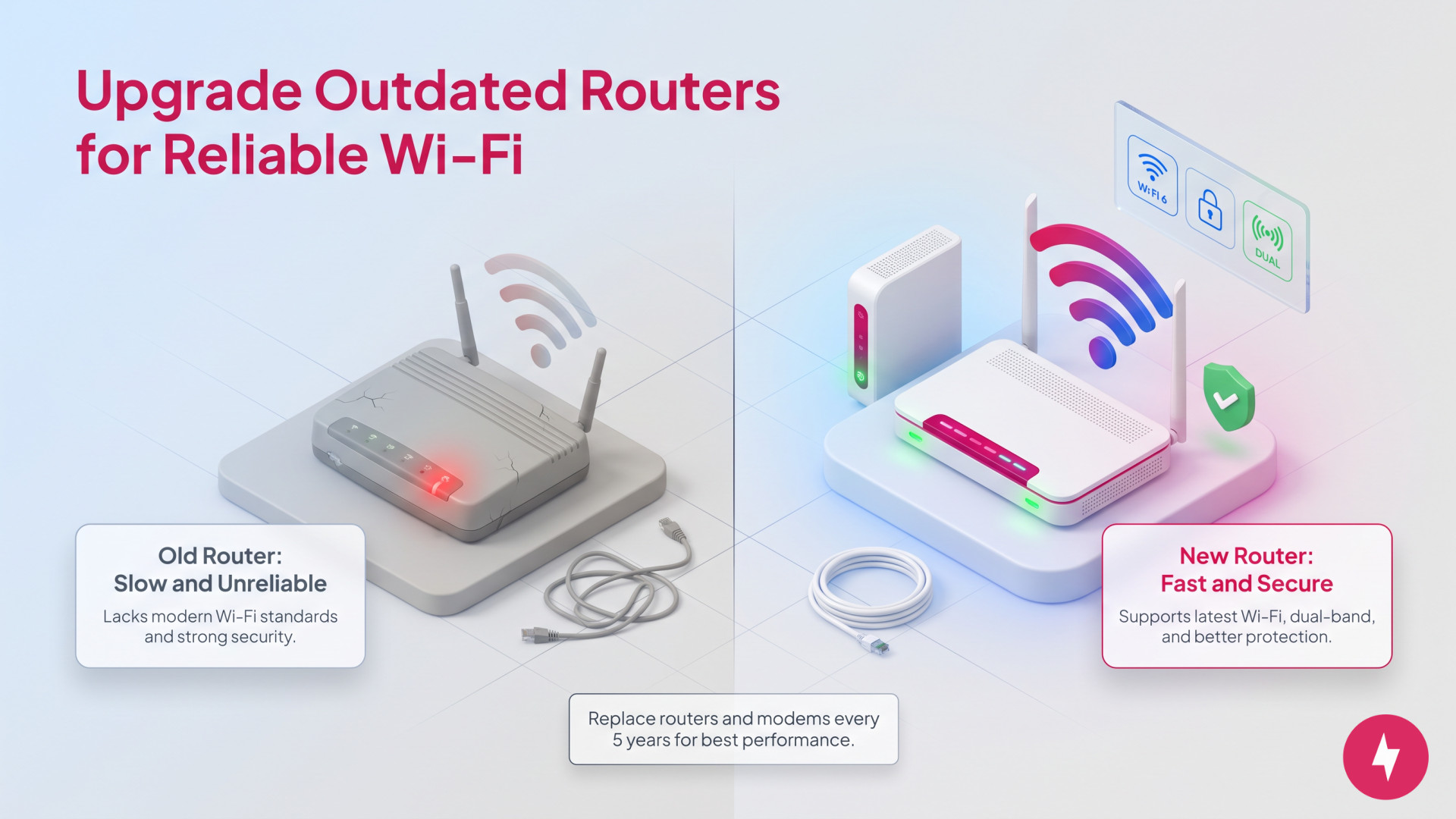 Comparison of a damaged old router and a modern high speed router for better Wi-Fi connectivity.