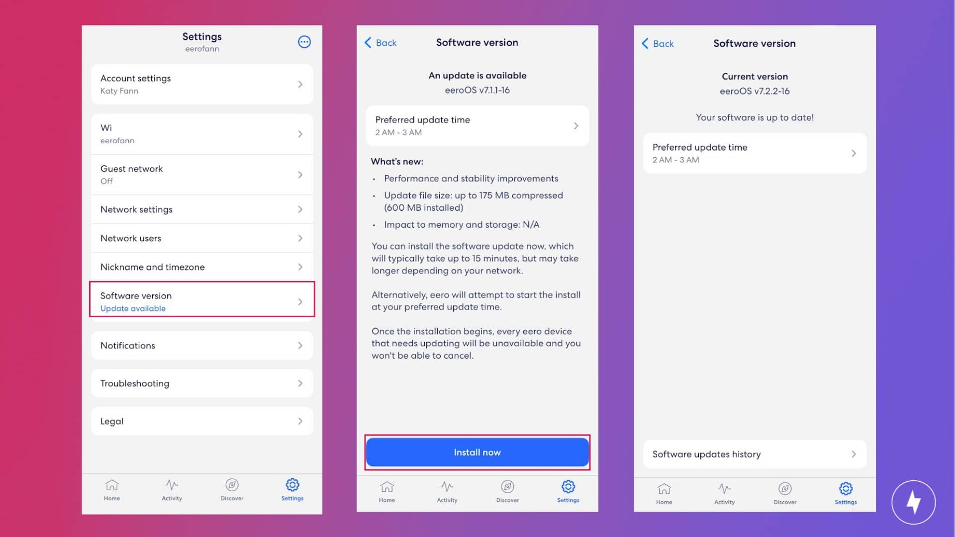 Side-by-side screenshots of Eero Wi-Fi settings on the Eero app.