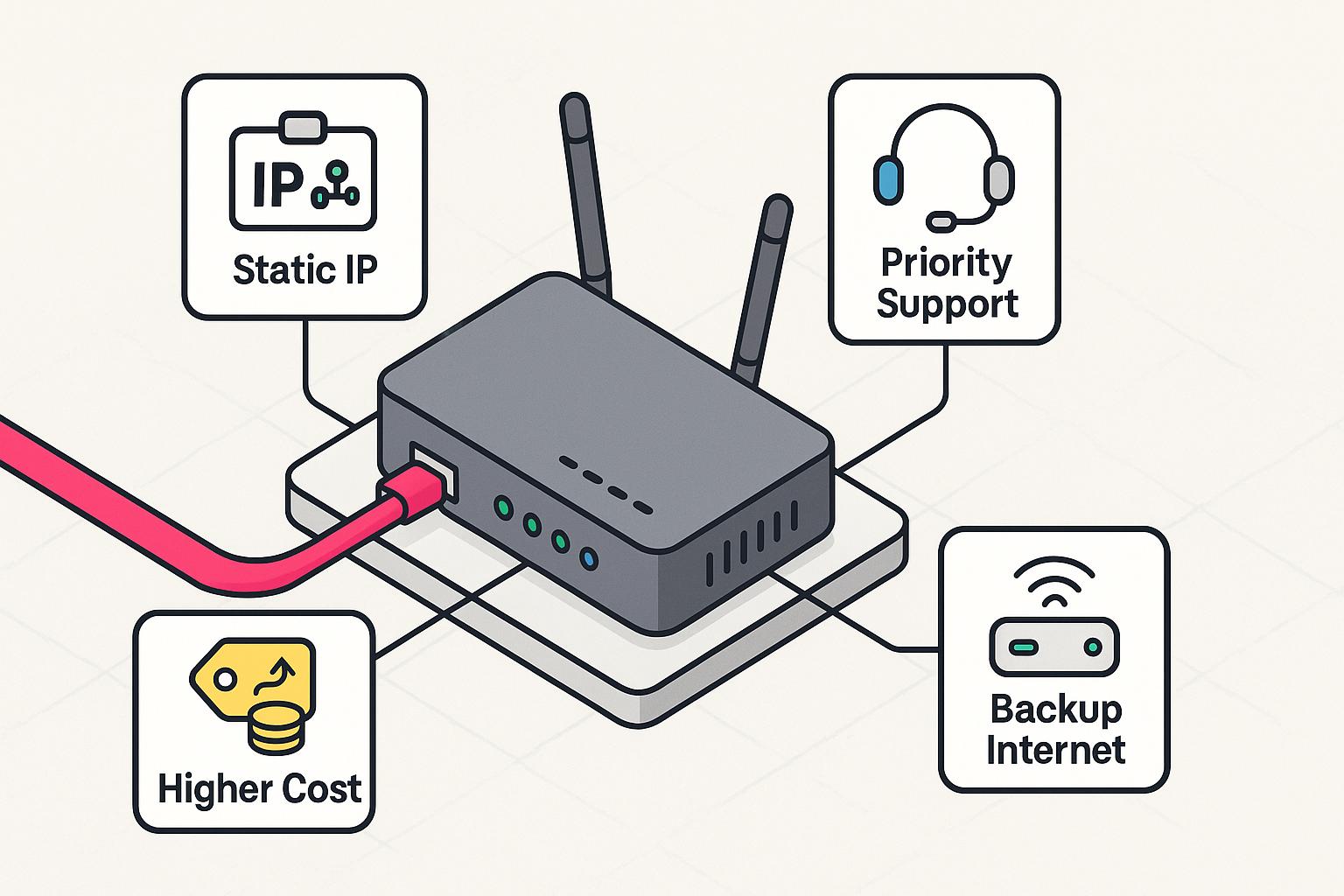Illustration of a router with callouts: static IP, priority support, backup internet, and higher cost.