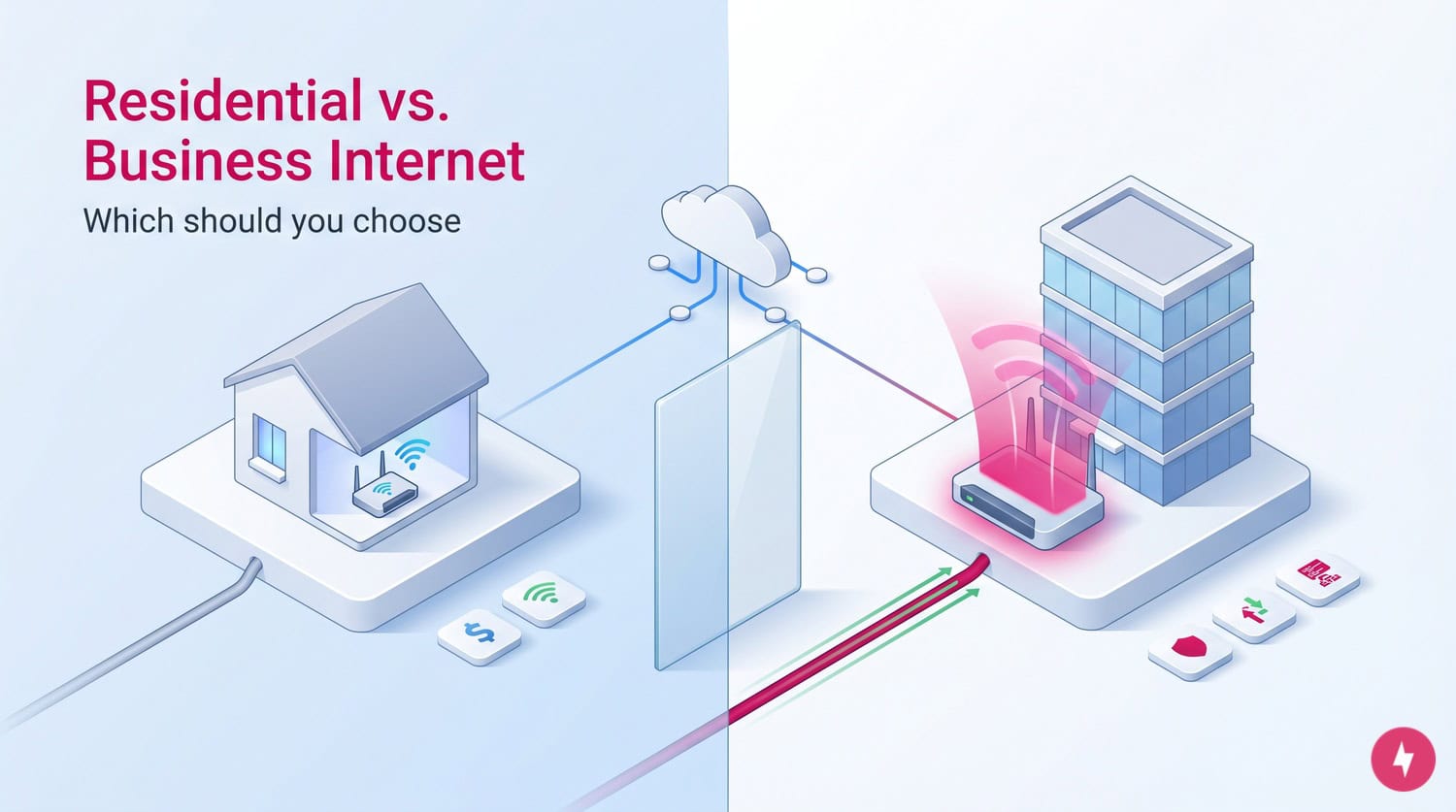 Isometric illustration comparing residential and business internet options with home and office icons.