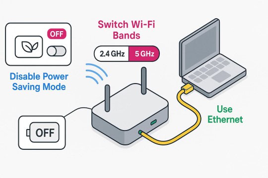 Diagram showing Wi-Fi troubleshooting options: Disabling power saving mode, switching Wi-Fi bands, power-cycling, and using Ethernet cables