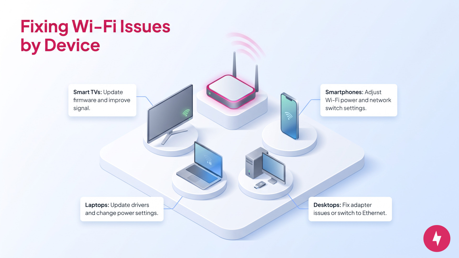 An infographic showing Wi-Fi troubleshooting tips for smart TVs, phones, laptops, and desktops.