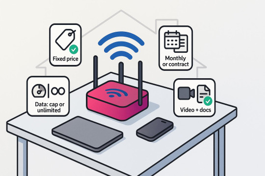 Illustration highlights home internet plan choices, including pricing, data limits, and contract options.