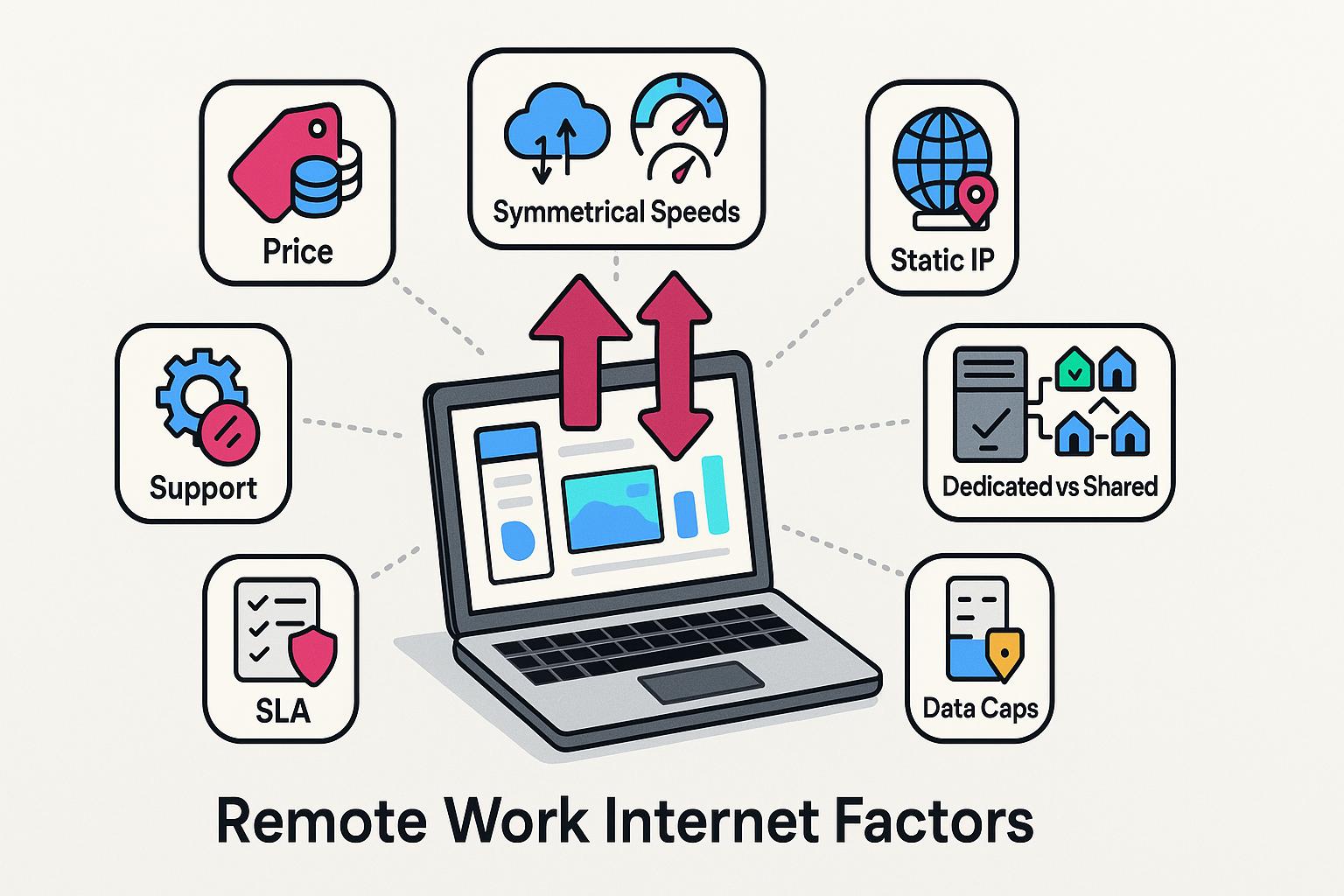 Illustration of a laptop with arrows and icons showing price, speeds, static IP, and data caps.