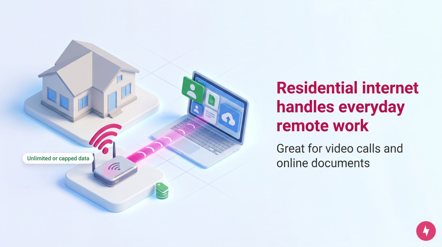 Illustration of a house wirelessly connected to a laptop displaying remote work icons.