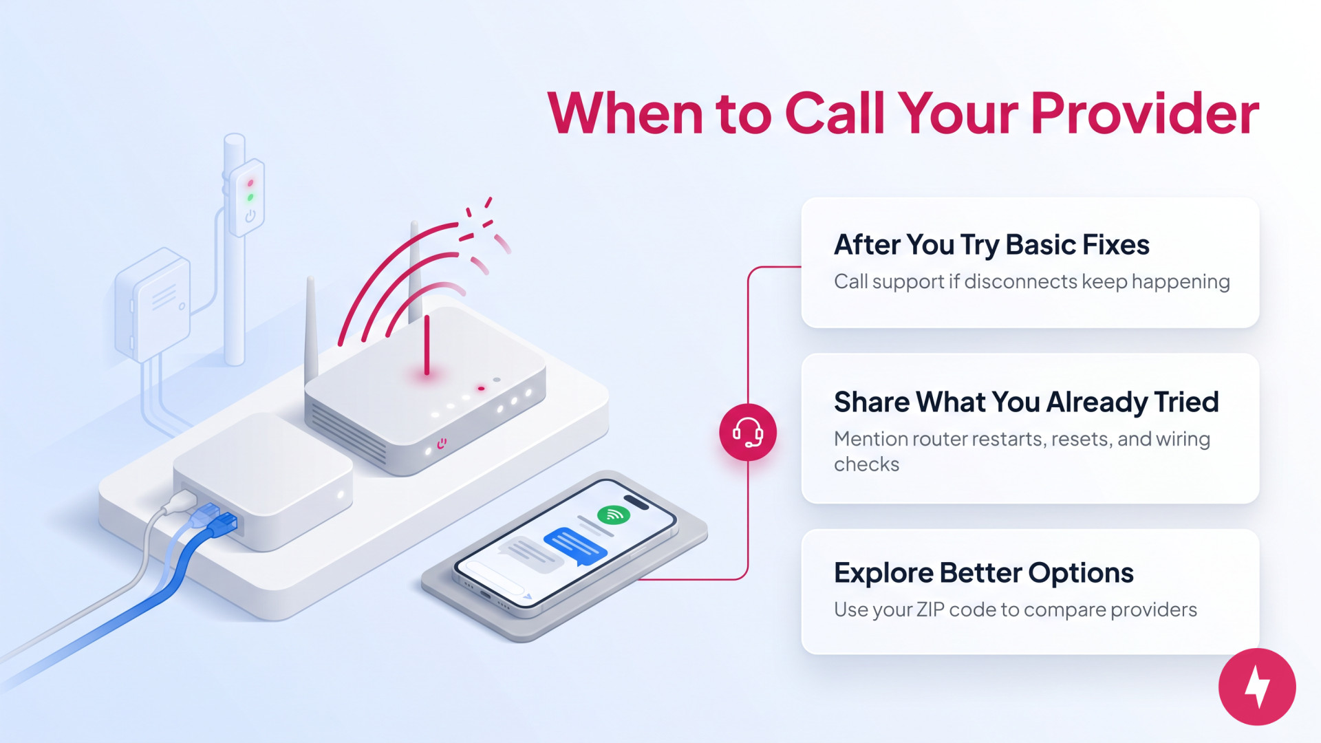 Illustration showing a router and smartphone with steps for contacting an internet provider.