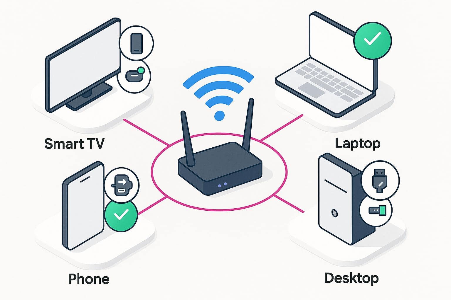 Wi‑Fi router connects smart TV, laptop, phone, and desktop computer.