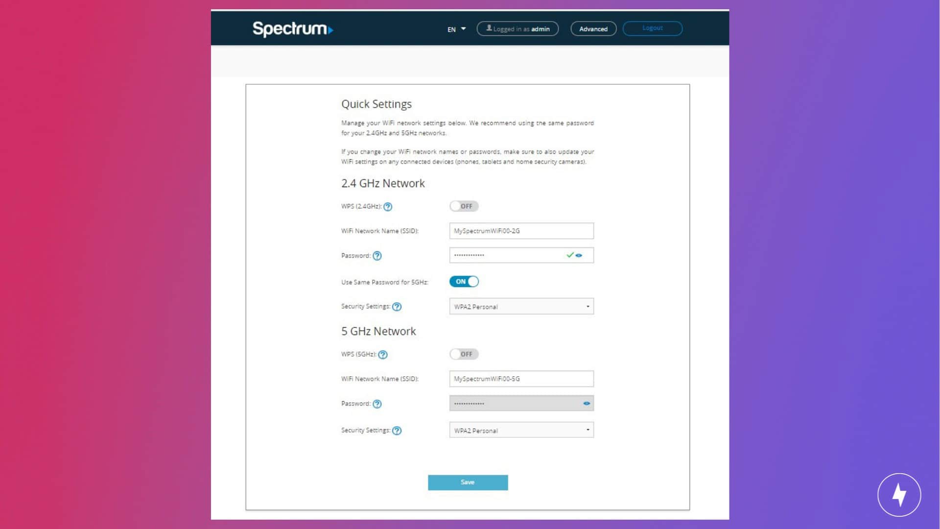 A screenshot of Spectrum's Wi-Fi settings using a Google Chrome browser.