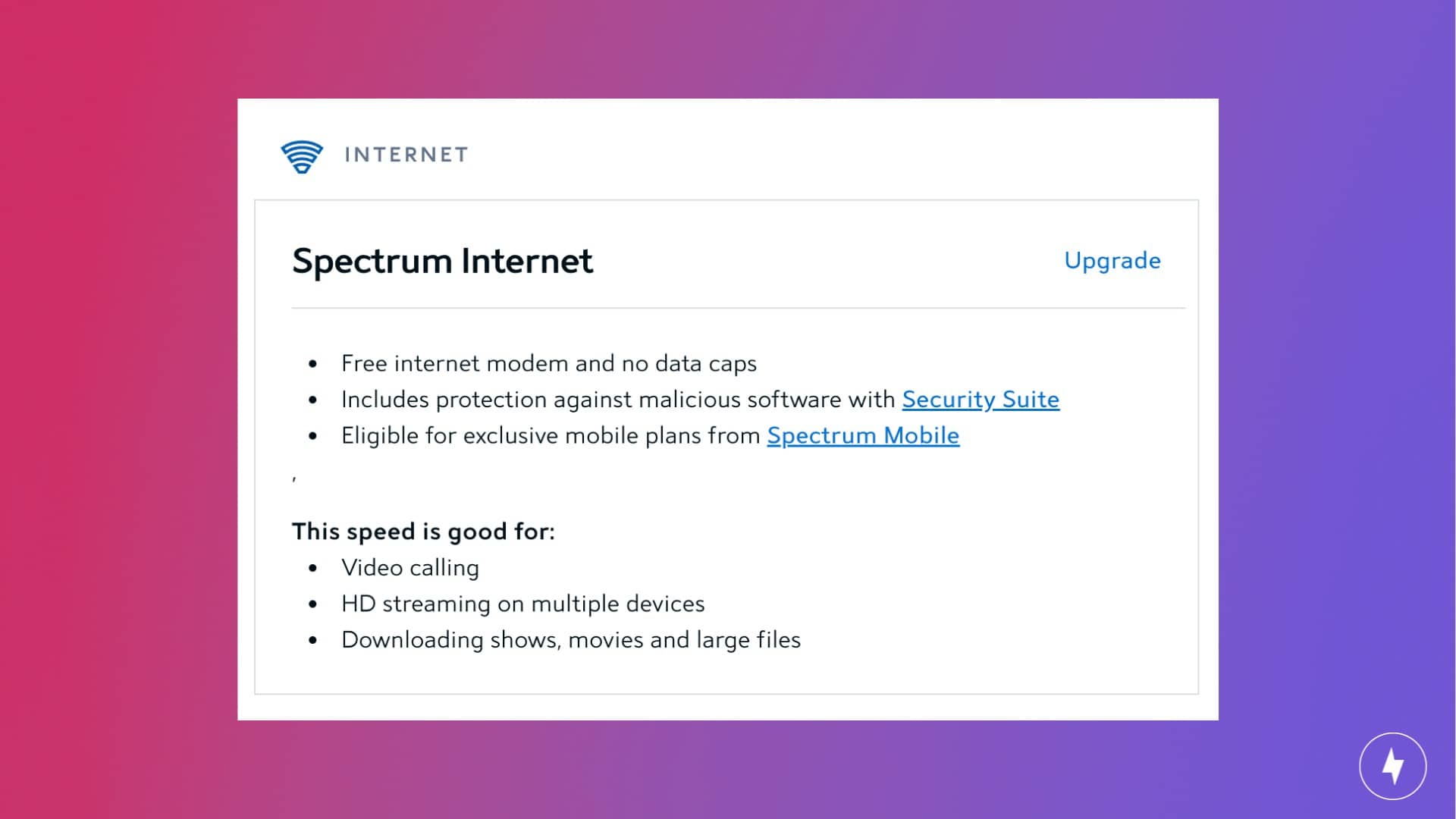 A screenshot of the details of a Spectrum Internet plan.