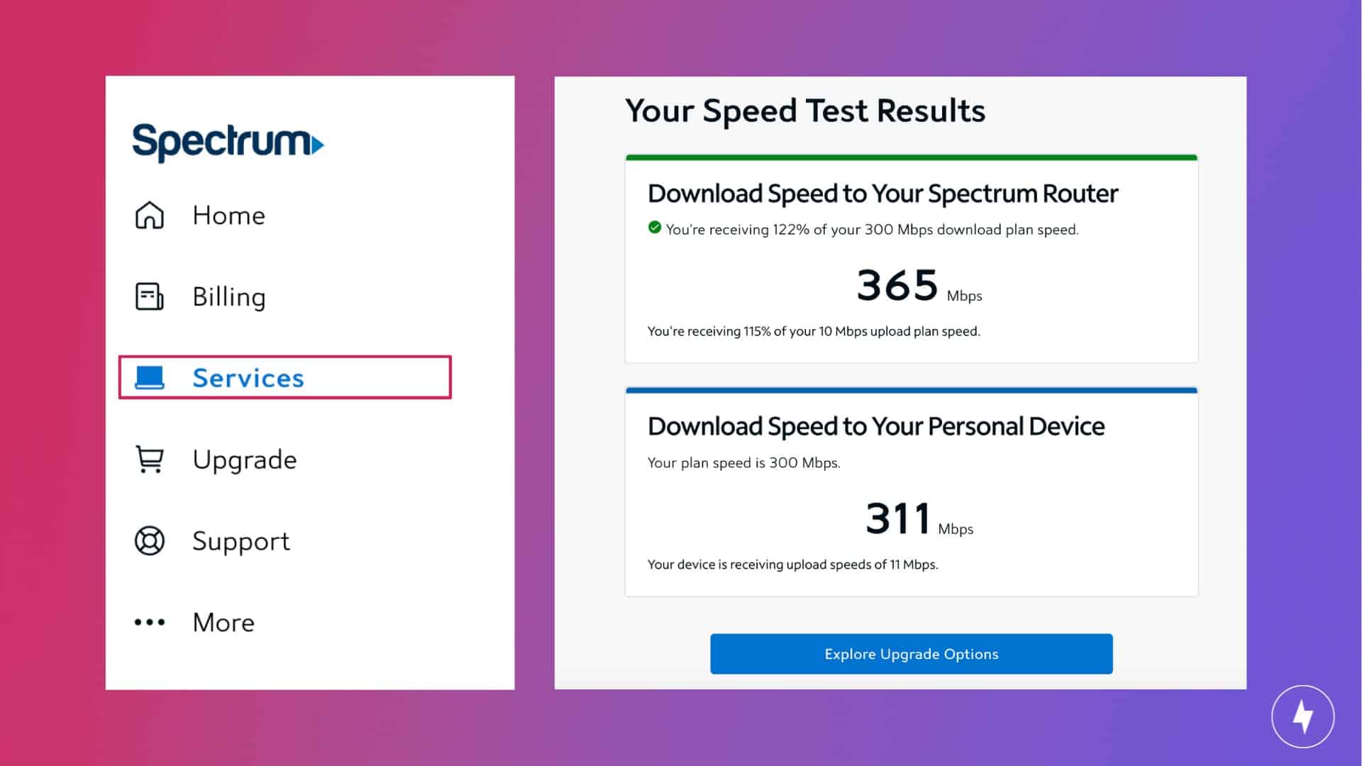 A screenshot of Spectrum Internet speed test results.