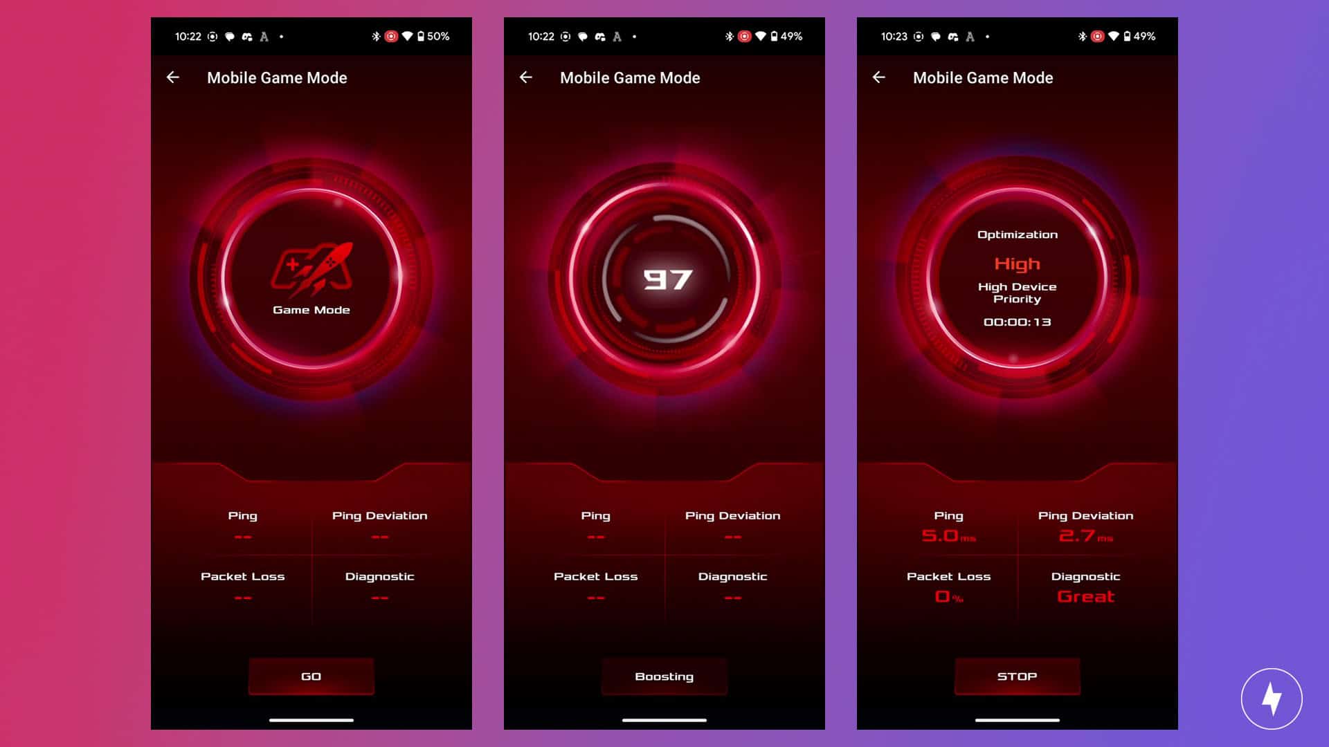 Screenshots of the Asus RT-AX86U Pro Mobile Gaming Mode. 
