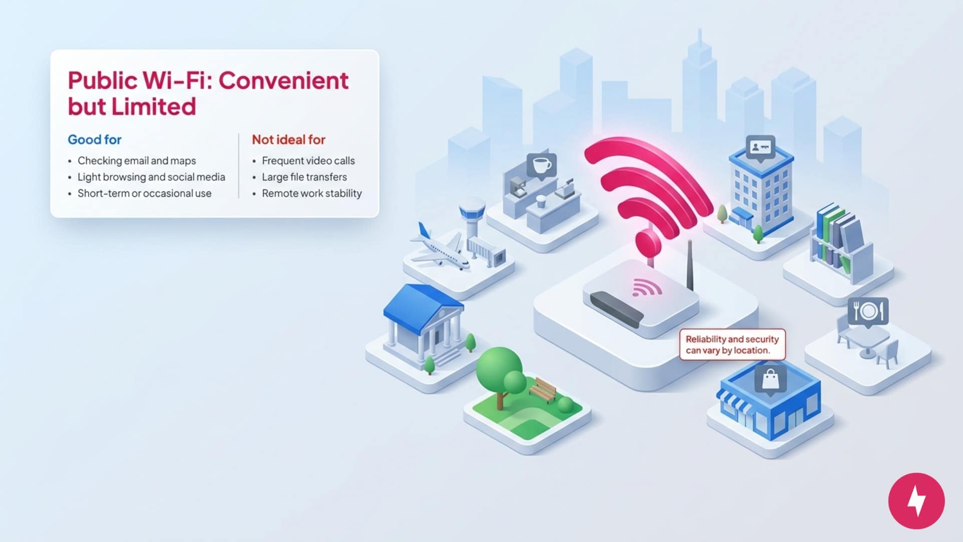 An infographic showing pros and cons of public Wi-Fi with icons of common public locations.