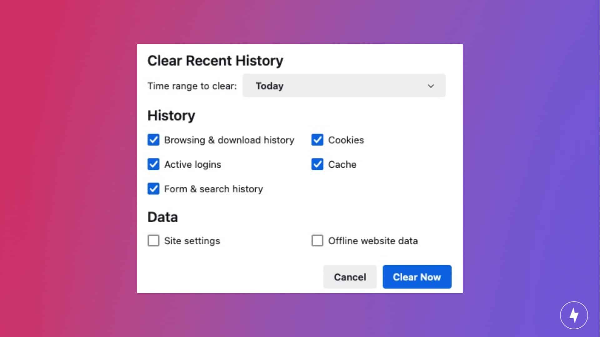 A screenshot of deleting browsing history on Mozilla Firefox