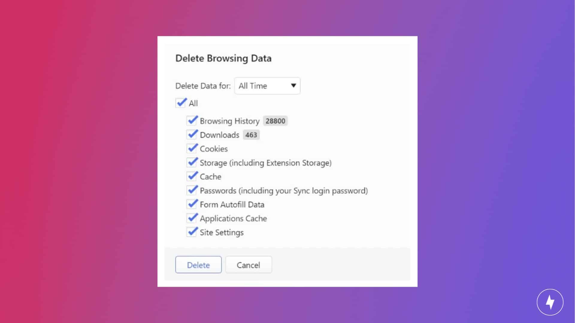 A screenshot of deleting browsing history on Vivaldi 