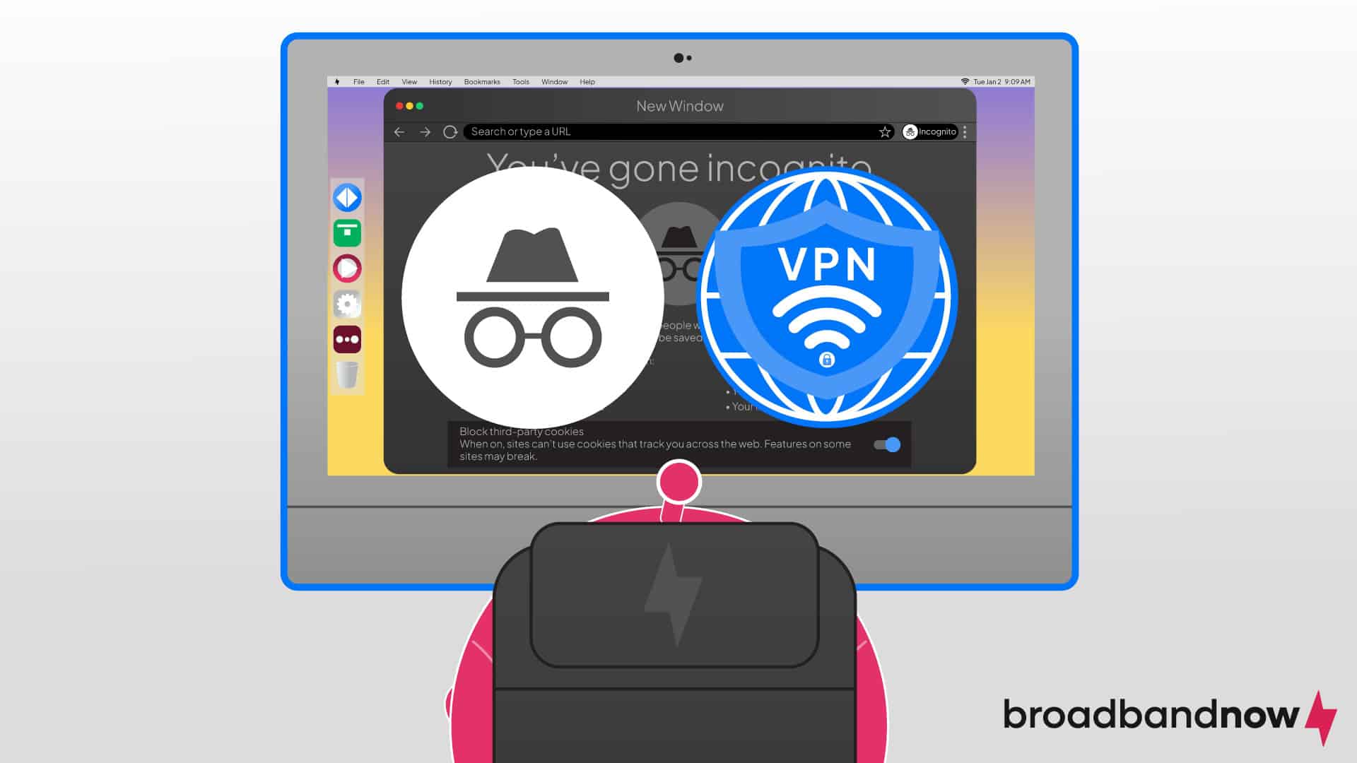 A graphic design of a character mascot sitting in front of a computer with the screens showing icons.