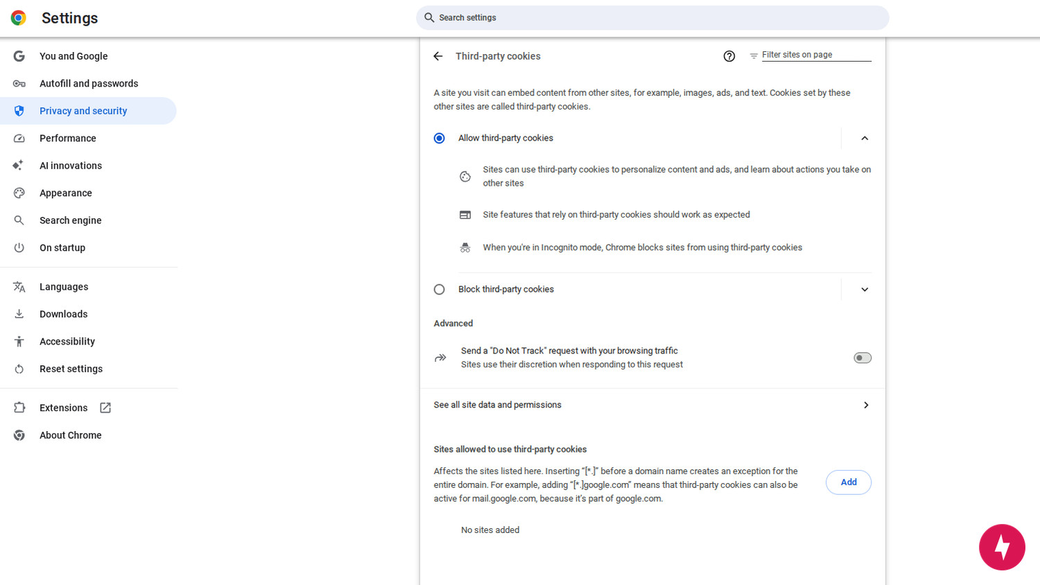 A screenshot of the third-party cookie settings section for Google Chrome.