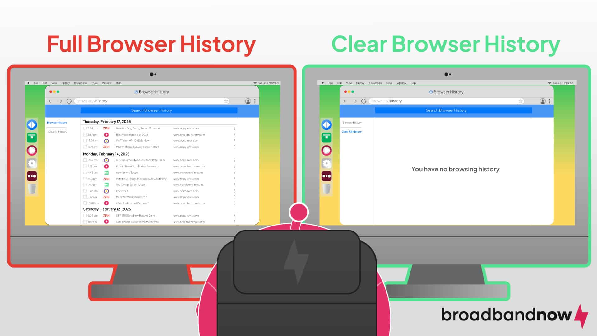 A graphic design image of a character mascot sitting in front of two computers, one with a full browser history and one without