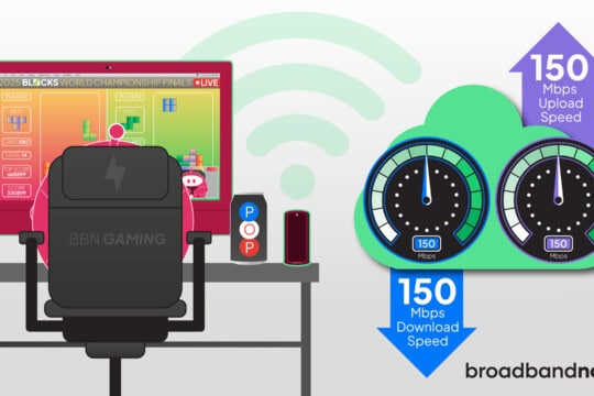 A graphic design image of a character mascot playing online games with a representation of symmetrical upload and download speeds next to it