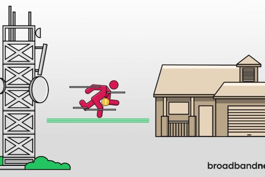A graphic design of a person running between a cell tower and a house