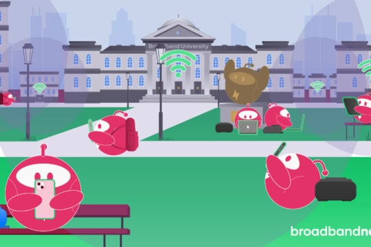 A graphic design of character mascots on a university campus connecting to Wi-Fi on their devices