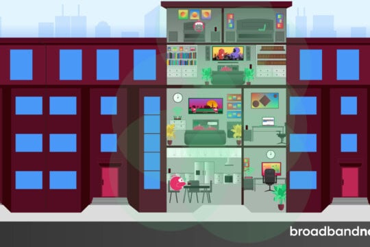 A graphic design image of an apartment with multiple rooms and floors with a mesh Wi-Fi router in each place distributing signals.