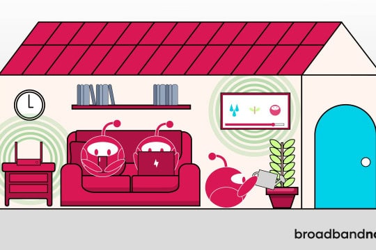 A graphic design of character mascots inside a house with devices connected to Wi-Fi.