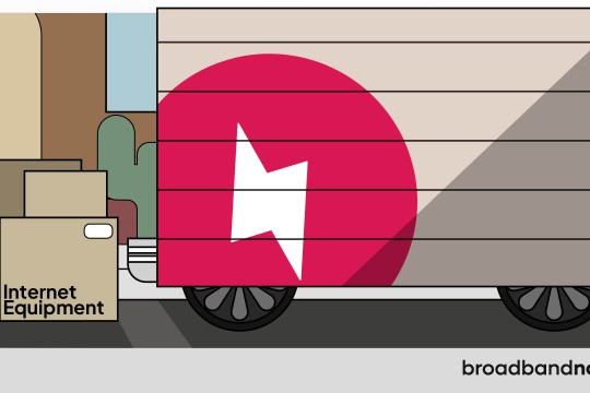 A graphic design of a moving track with packed boxes outside.