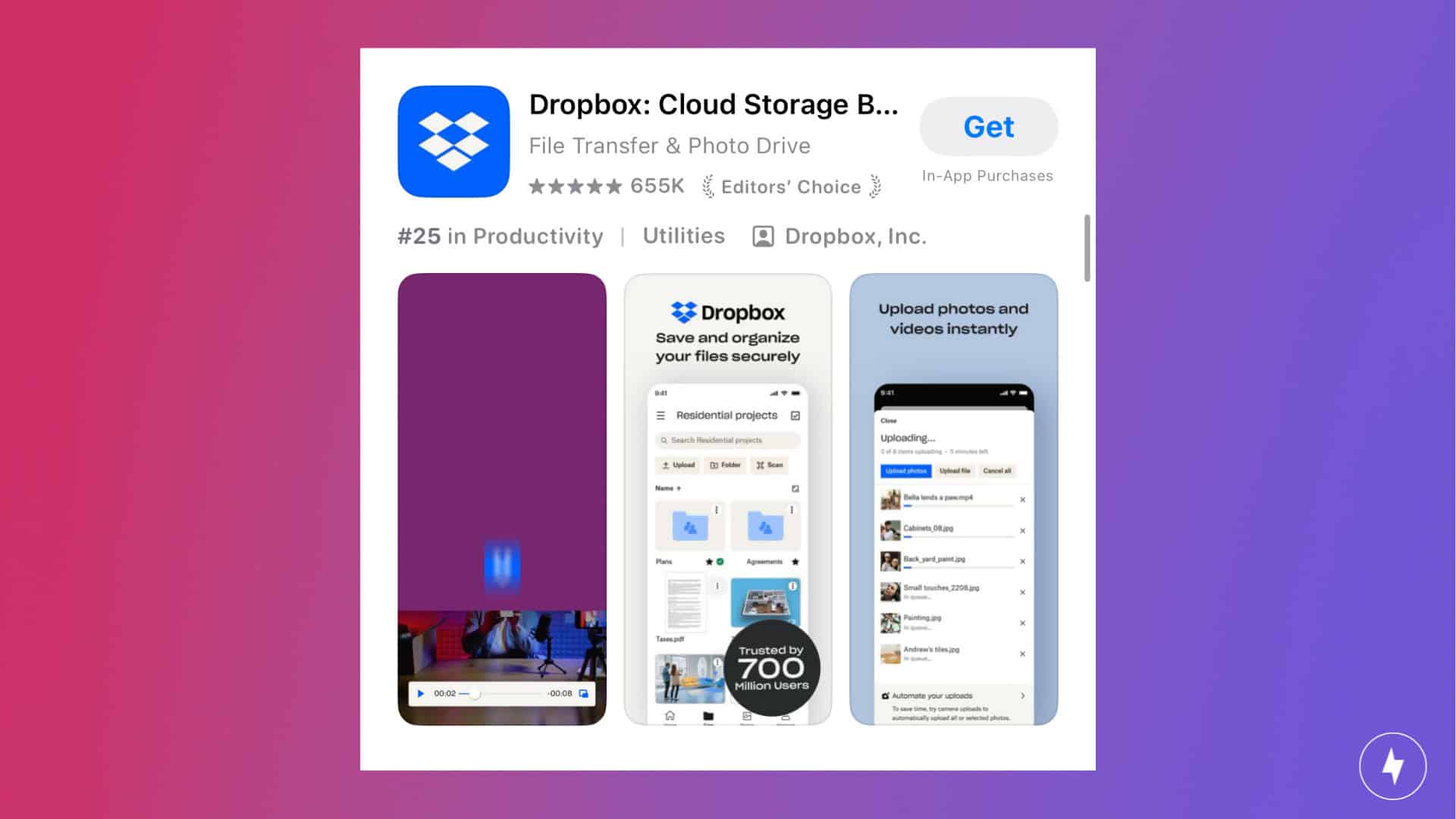 A screenshot of the Dropbox app on the Apple Store. 