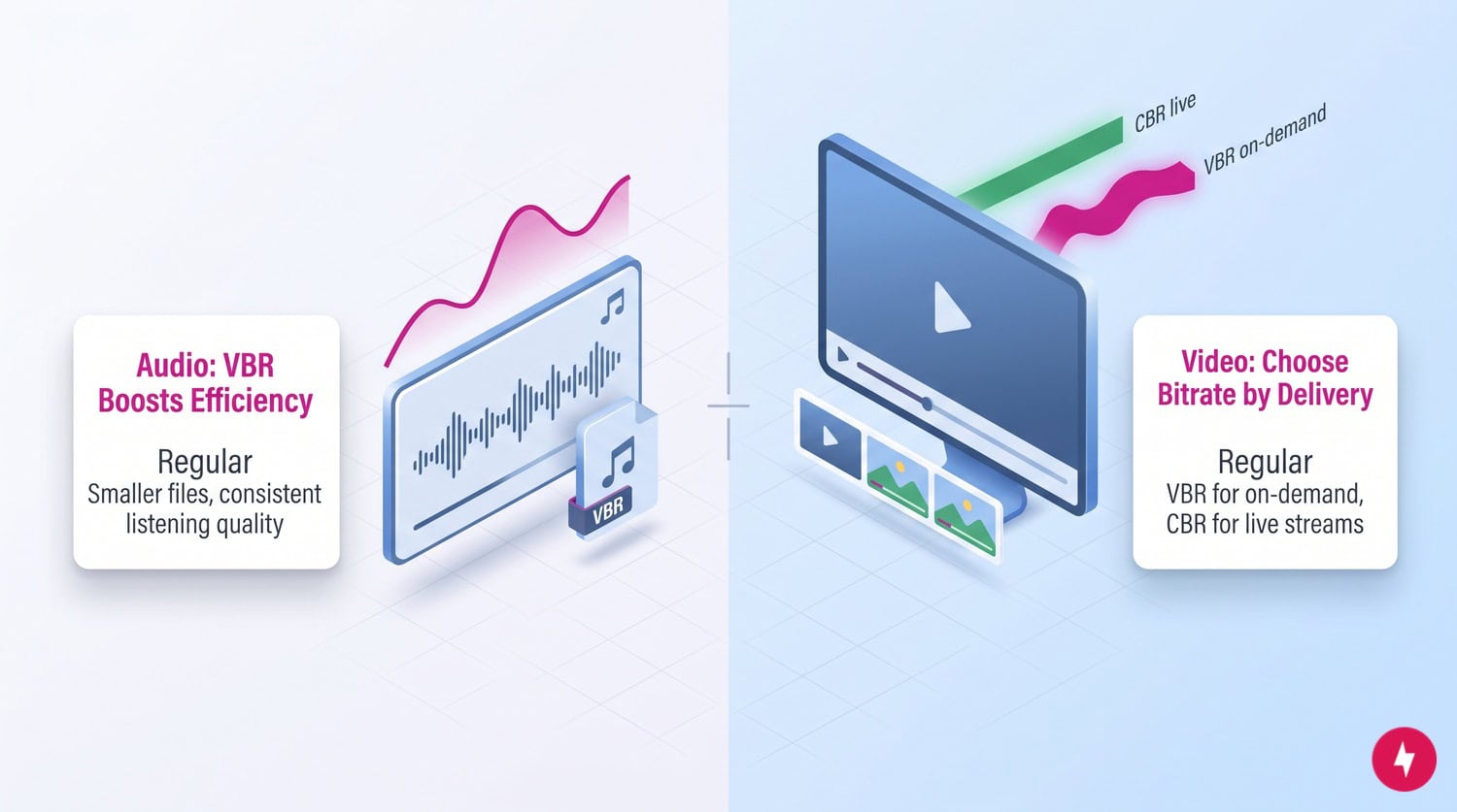 An isometric diagram comparing VBR for audio files with VBR and CBR options for video streaming.