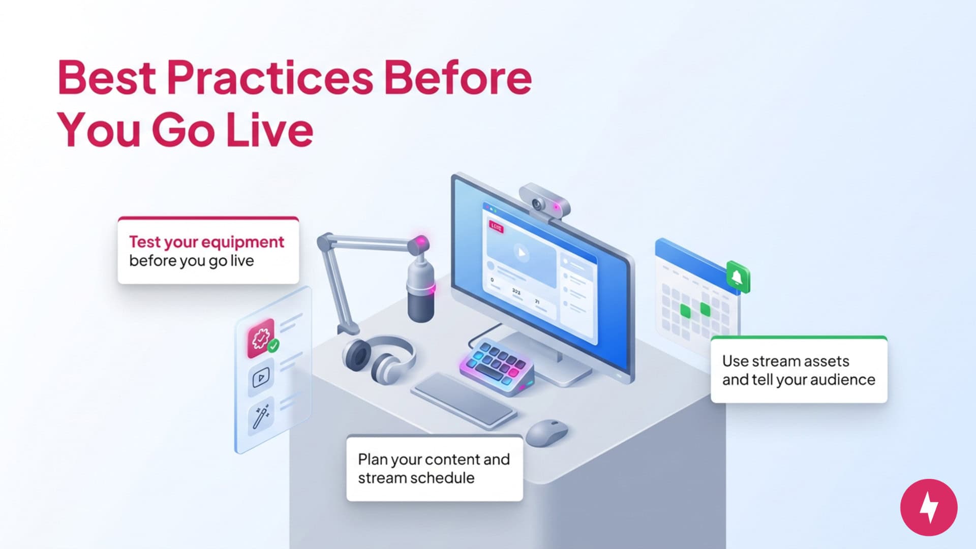 An illustration showing tips for successful livestreaming including equipment and scheduling.