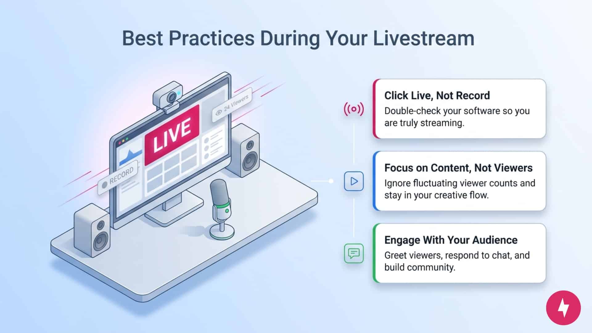An infographic showing three tips for successful livestreaming with a desk setup illustration.