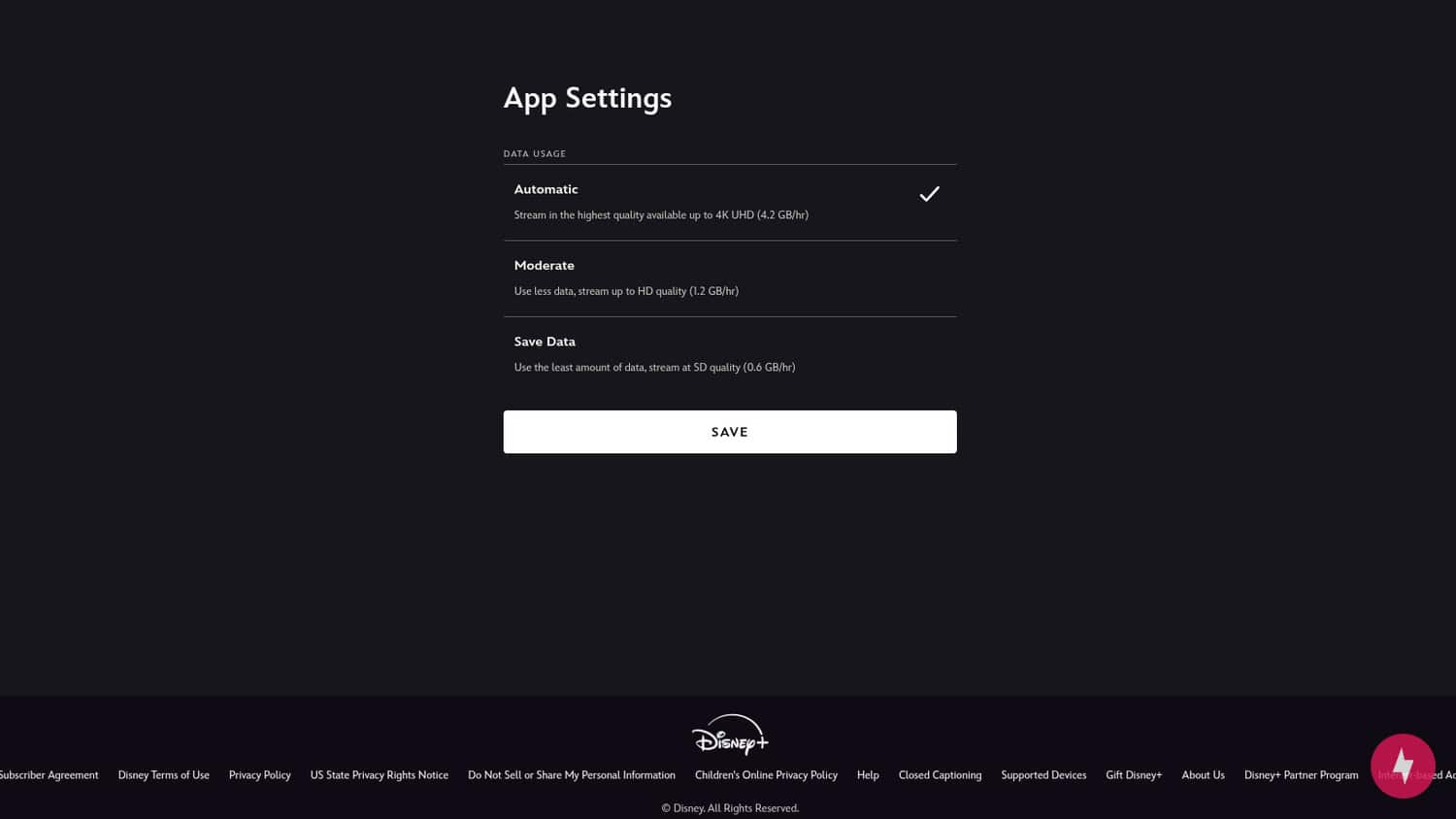 A screenshot of playback settings on Disney+.