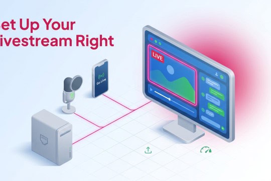 An isometric illustration featuring a monitor and streaming gear against a sleek blue gradient background