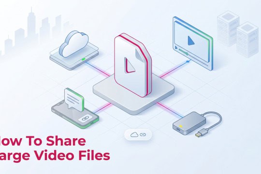 Illustration of a phone sharing a large video file via cloud, transfer link, or physical drive.